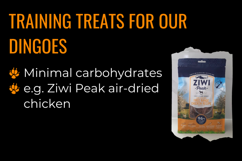 Dingo diet: Image of Ziwi Peak dried chicken dog food in a bag. Image text reads: Training treats for our dingoes. Minimal carbohydrates, eg. we use Ziwi Peak air-dried chicken.